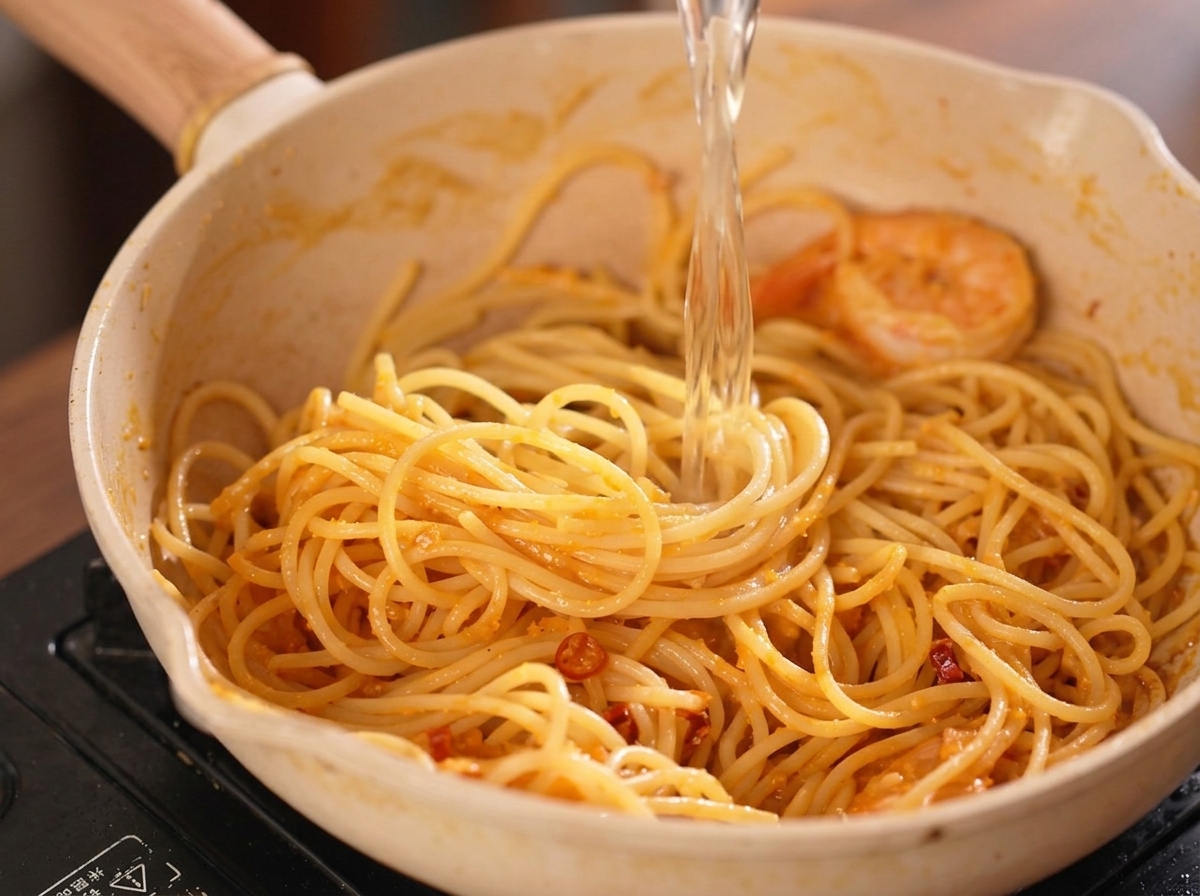 Klare Hühnerbrühe wird über Spaghetti und Garnelen in einer hellen Bratpfanne gegossen.