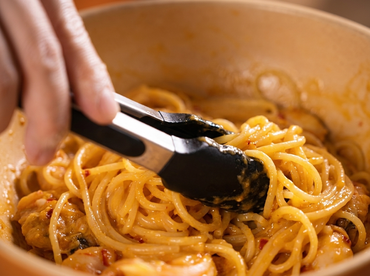 Eine Küchenzange schwenkt Spaghetti in einer cremigen, orangen Eigelbsauce in einer großen Keramikpfanne.