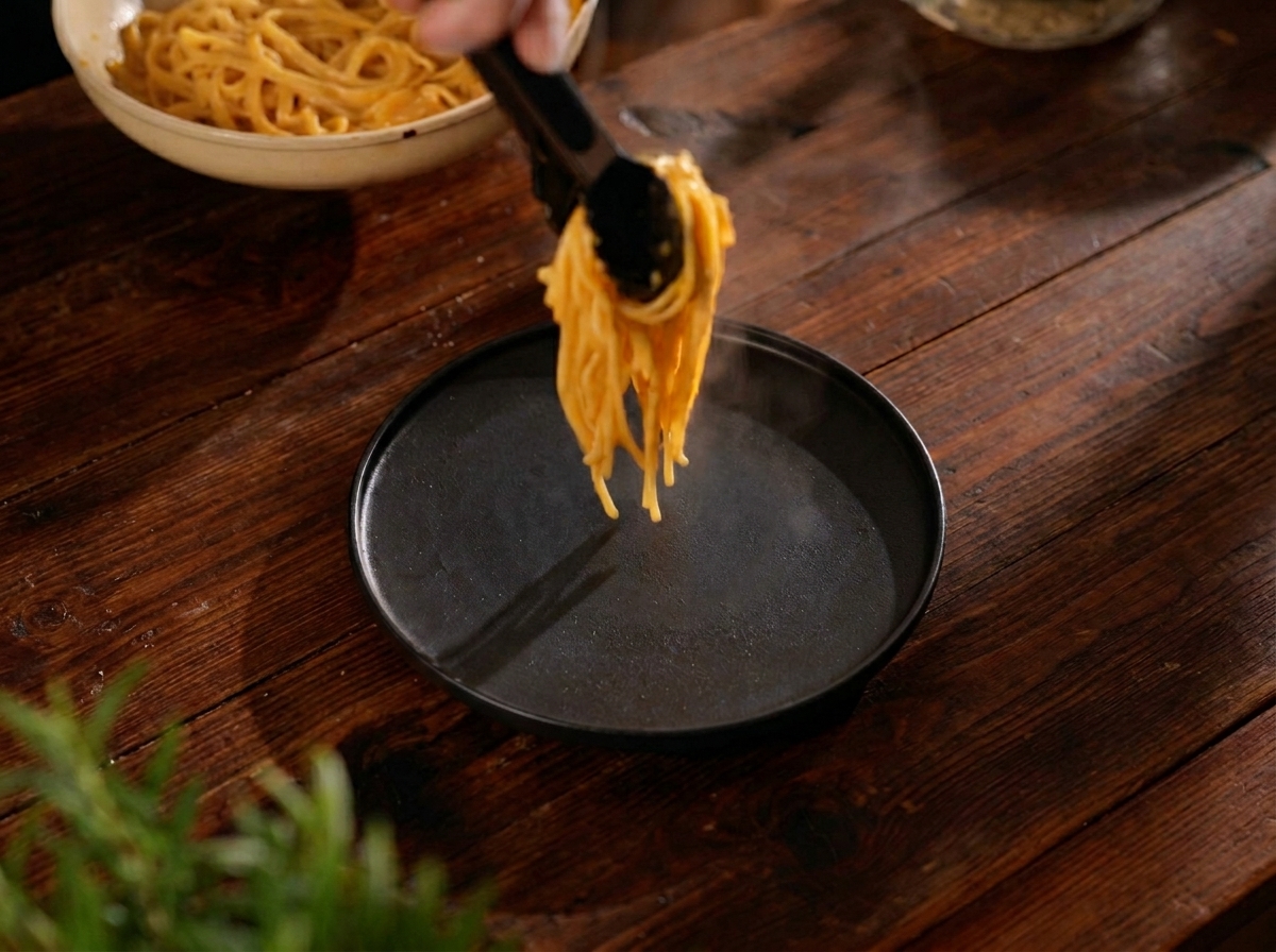 Ein dampfendes Bündel goldener Pasta wird mit einer schwarzen Zange auf einen matten schwarzen Teller gesetzt.