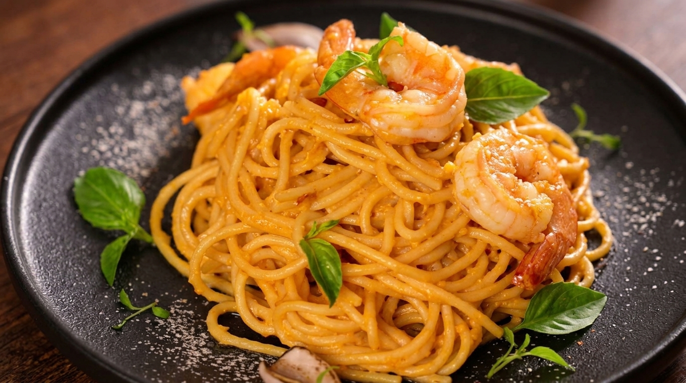 Scharfe Pasta mit gesalzenem Eigelb und Garnelen