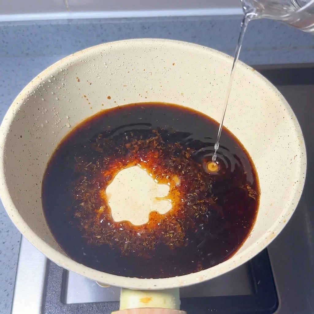 Eine klare Flüssigkeit wird in einen Topf gegossen, in dem sich bereits eine dunkle Sauce und Fischpulver befinden.