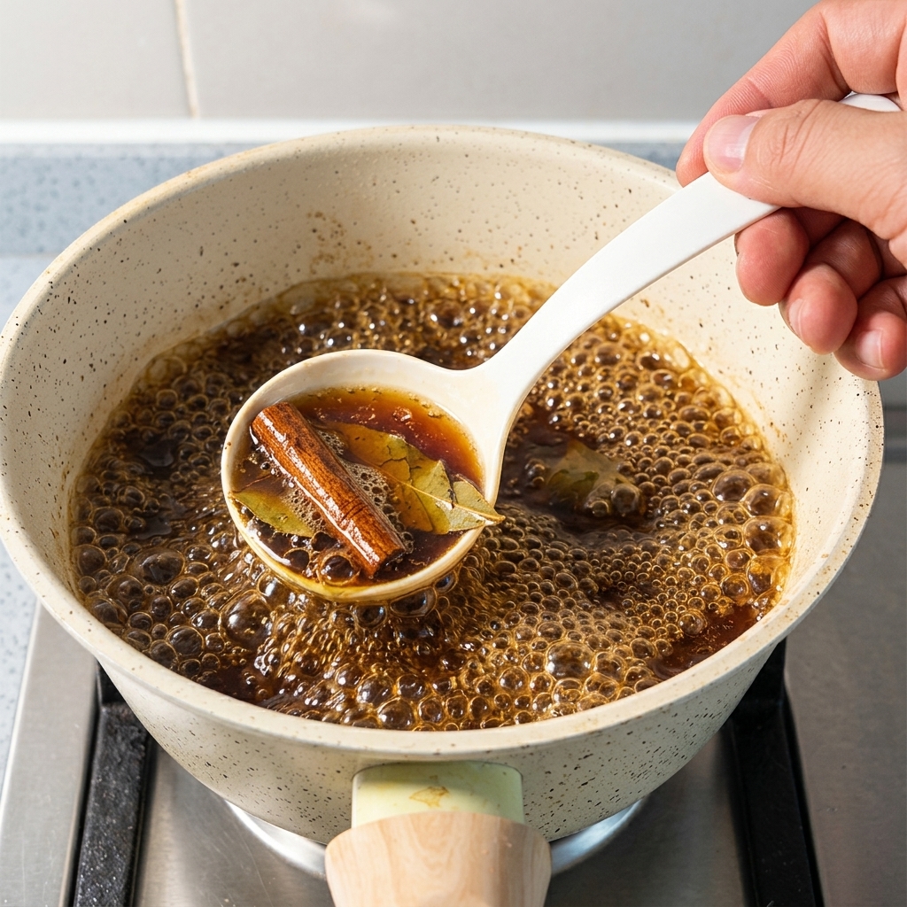 Eine Kelle schöpft dunkle, kochende Sauce mit einem Stück Kombu aus einem Topf.