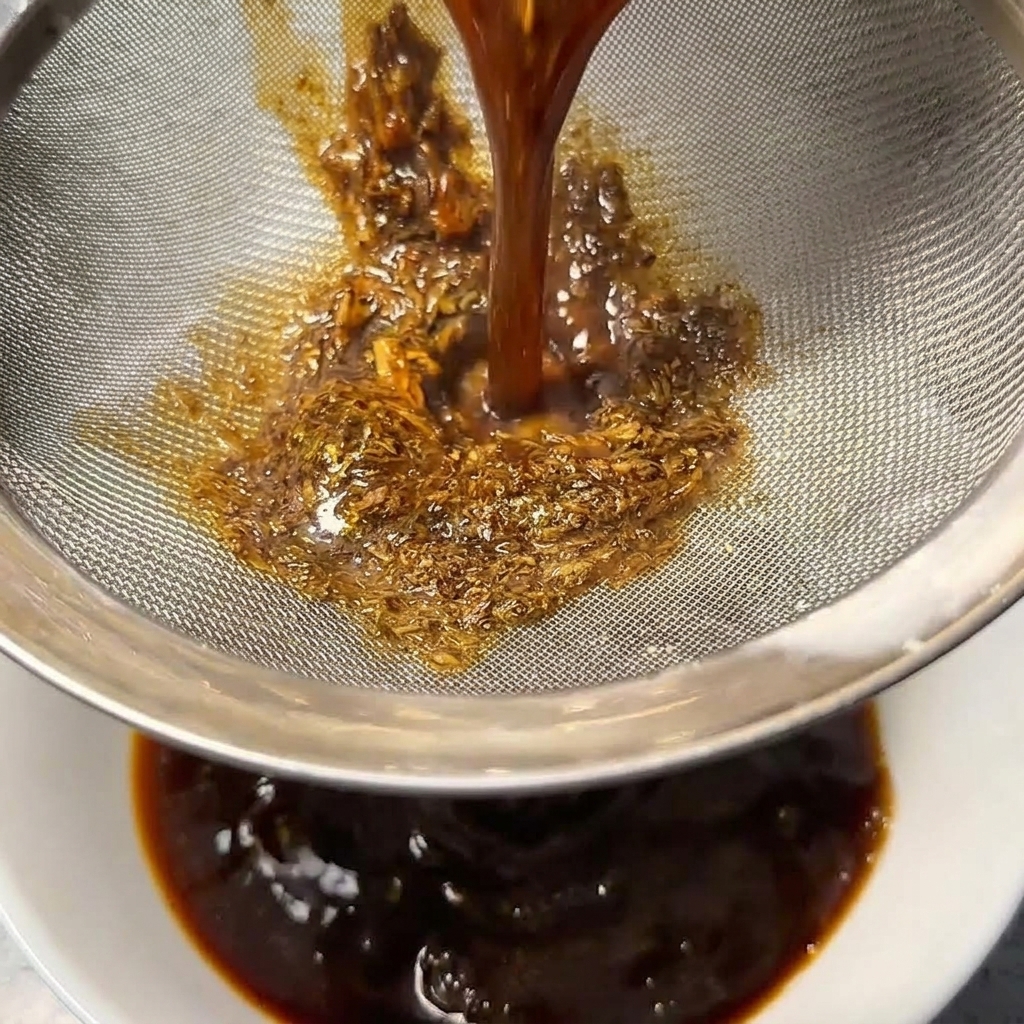 Dunkle Sauce wird durch ein Metallsieb in eine weiße Schüssel gegossen.
