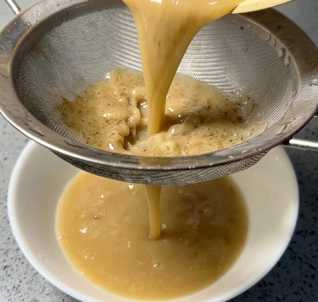 Dicke, beigefarbene Brühe wird durch ein Sieb in eine Keramikschale gegossen.