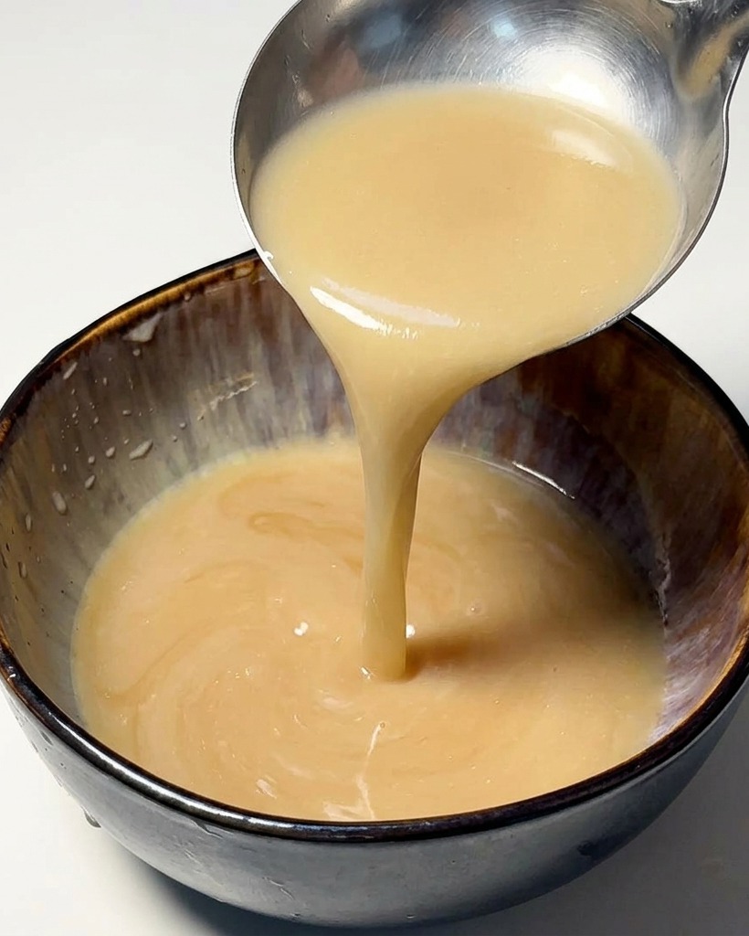 Eine Kelle gießt helle Brühe in eine Schale, in der sich bereits die dunkle Würzsauce befindet.