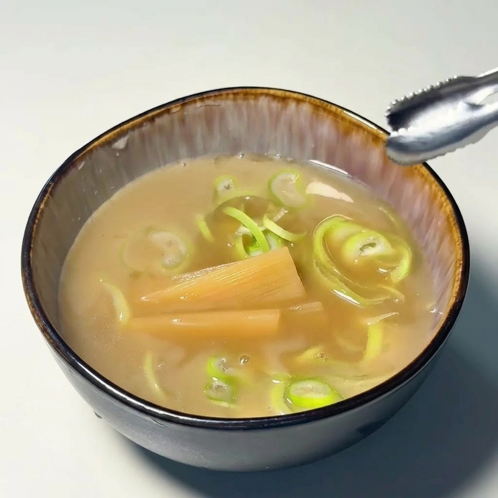 Eine Dip-Schale mit Brühe, Frühlingszwiebeln, Bambussprossen und einer Scheibe Narutomaki.