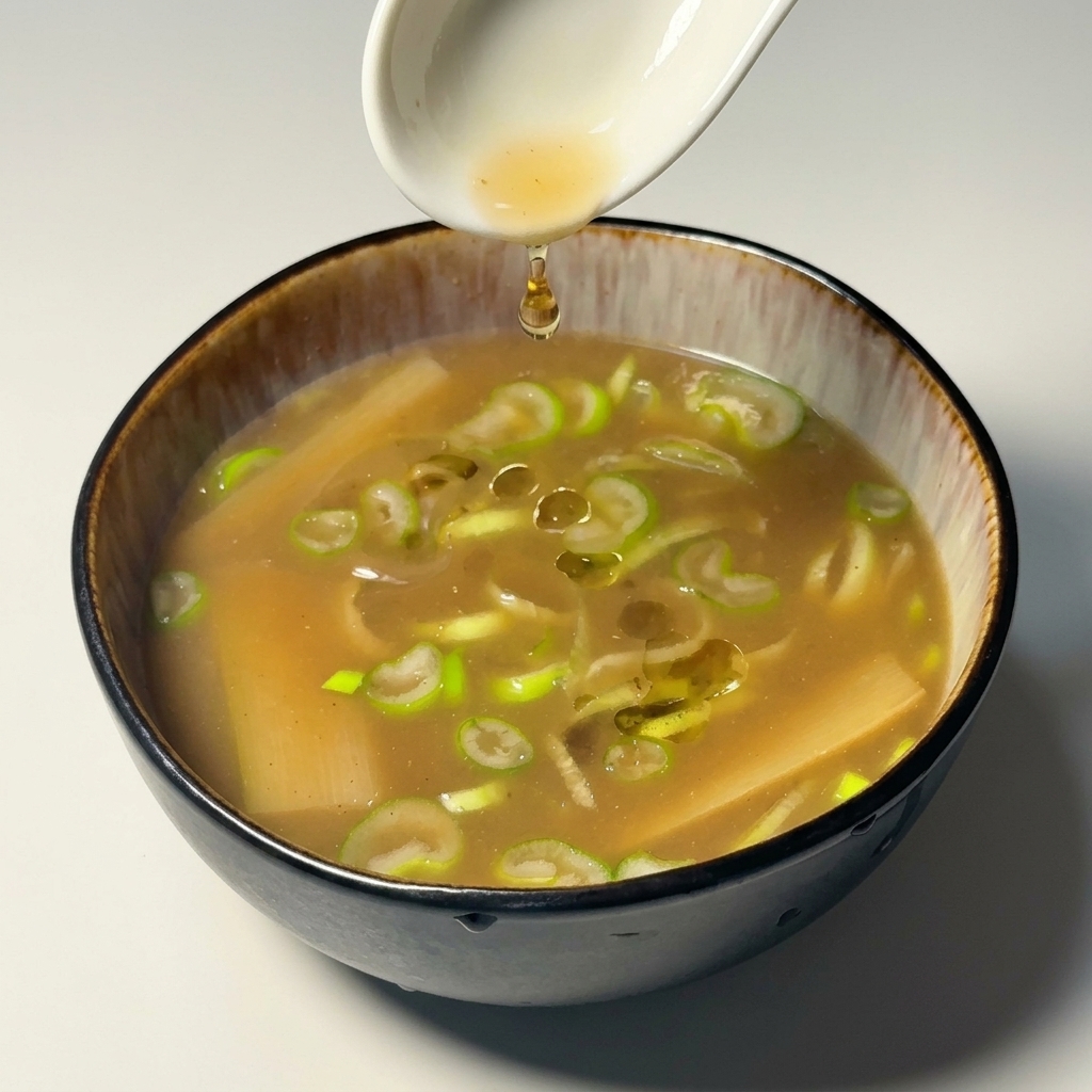 Ein Löffel träufelt goldenes Öl in die Schale mit der Dip-Sauce.