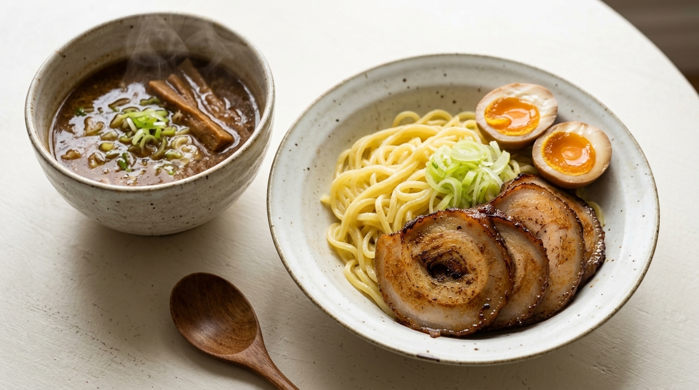 Dicke, elastische Ramen-Nudeln mit zartem Chashu und wachsweichen Eiern, serviert neben einer kräftigen, dampfenden Fisch-Schweine-Brühe zum Dippen.