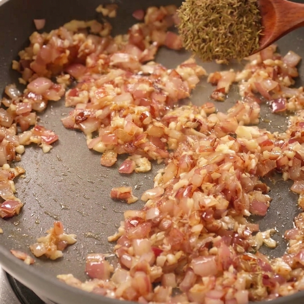 Ein Holzlöffel gibt getrockneten Thymian zu den sautierten roten Zwiebeln und dem Knoblauch in die Pfanne.