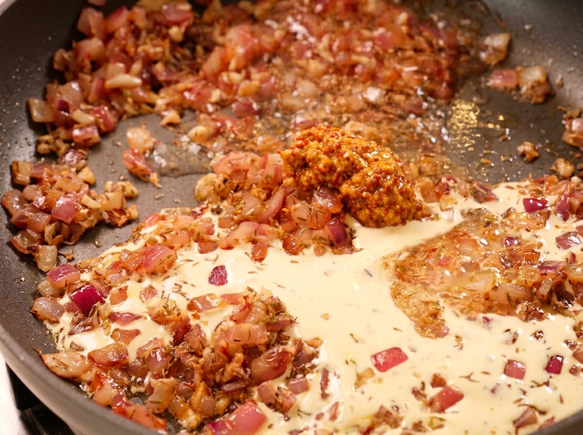 Helle Sahne wird in eine Pfanne mit Zwiebeln, Knoblauch, Thymian und einem Löffel körnigem Senf gegossen.