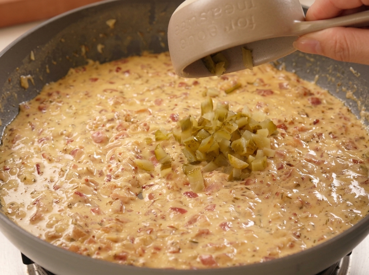 Fein gewürfelte grüne Essiggurken werden in eine dicke, cremige gelbe Sauce in der Pfanne gegeben.