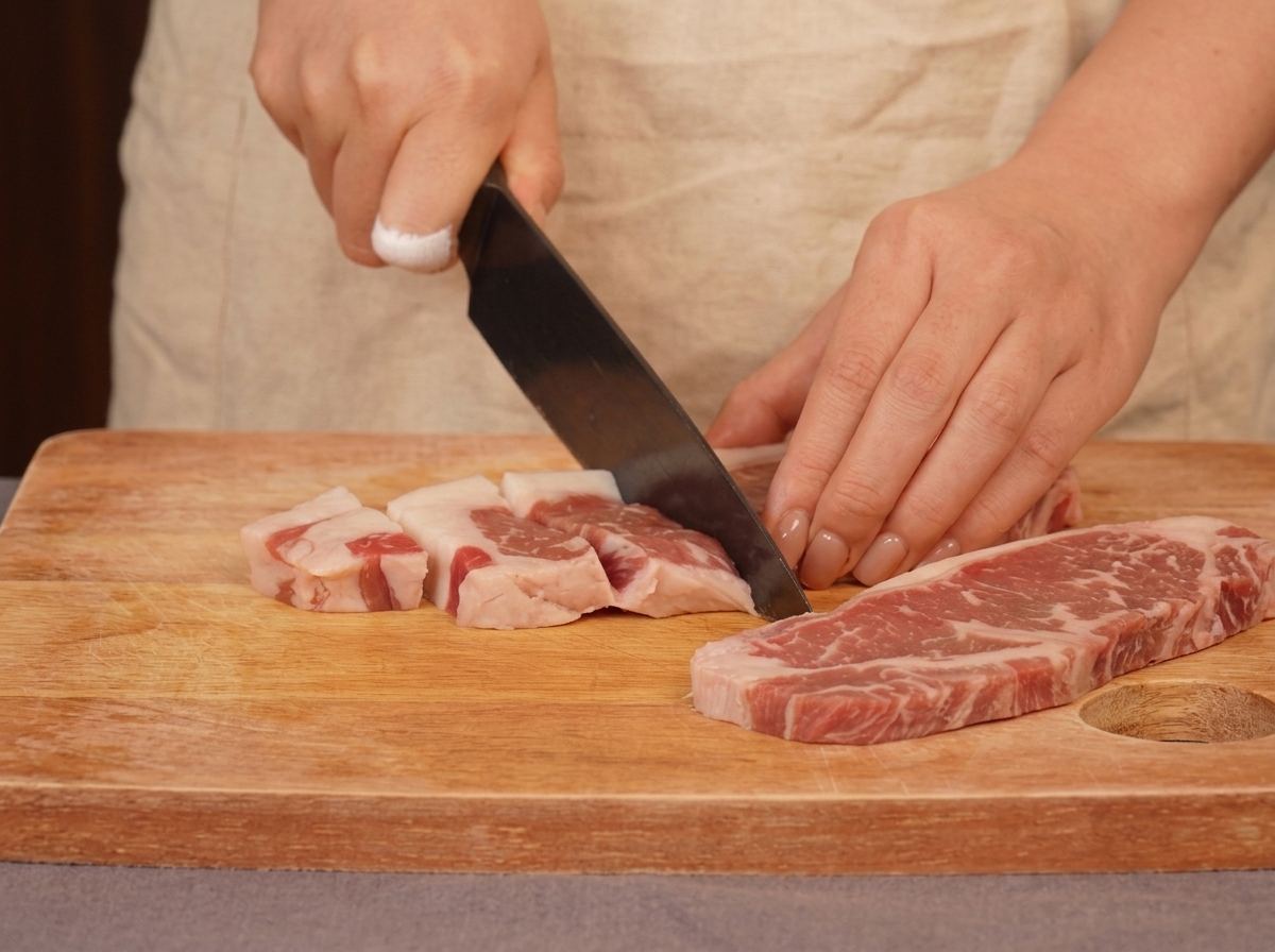Eine Person schneidet rohes, marmoriertes Rindfleisch mit einem Kochmesser in Würfel auf einem Holzbrett.
