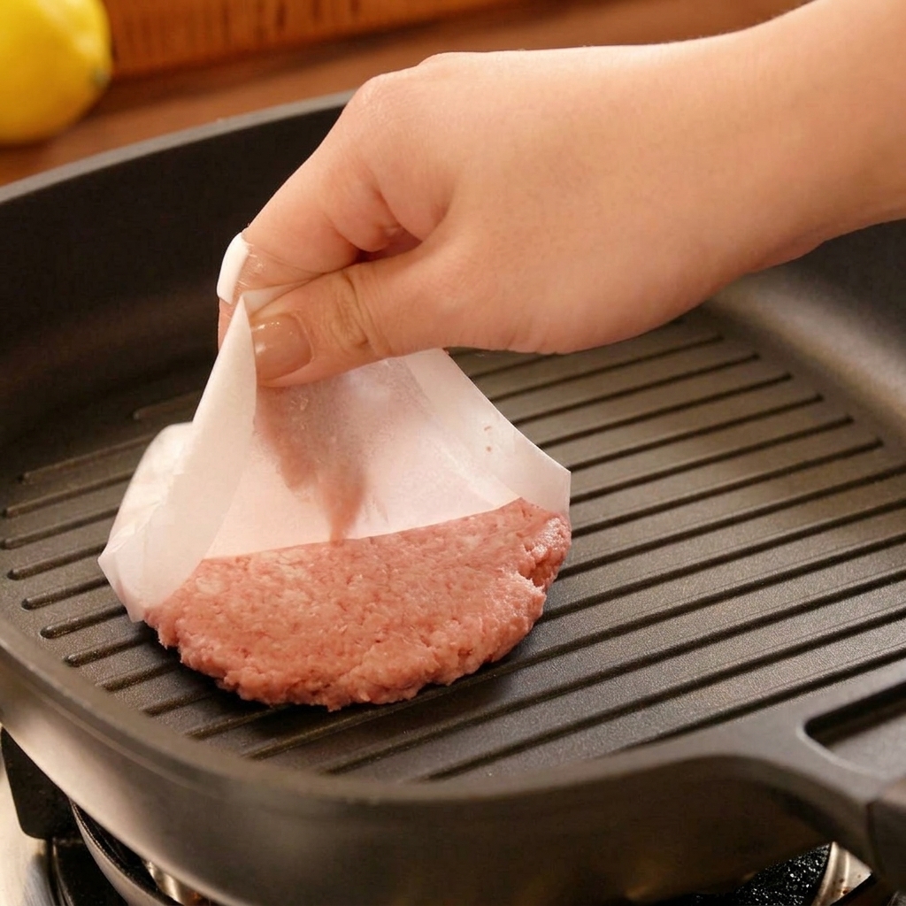 Eine Hand zieht ein Quadrat Backpapier von einem rohen Patty ab, das gerade in eine heiße Grillpfanne gelegt wurde.