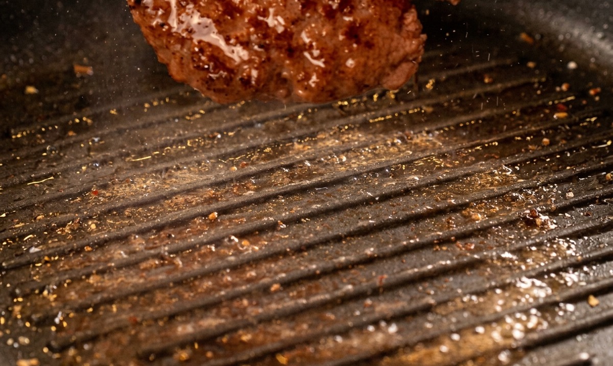Ein gebratenes Burger-Patty wird in einer Grillpfanne gewendet und zeigt dunkle Röststreifen und glänzendes Fett.