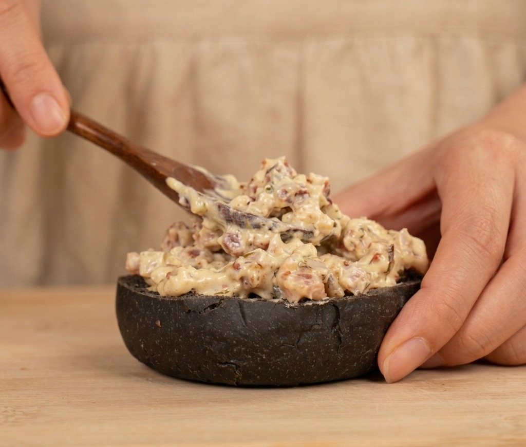 Eine Person streicht mit einem Holzlöffel eine dicke, cremige Sauce auf die untere Hälfte eines schwarzen Burgerbrötchens.