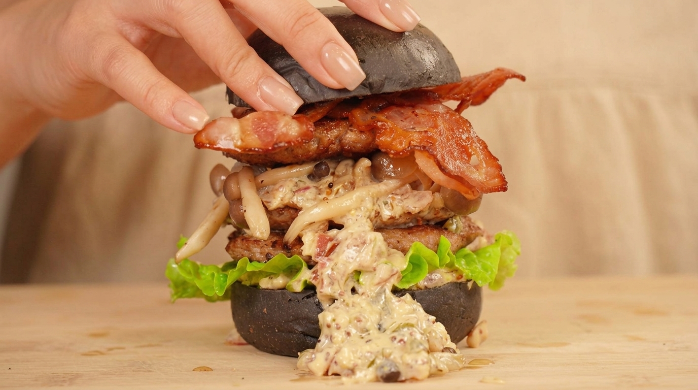 Double Beef Black Gold Burger mit Senf-Rahm-Sauce