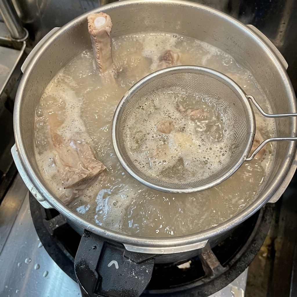 Ein feines Metallsieb schöpft grauen Schaum von der kochenden Brühe ab.