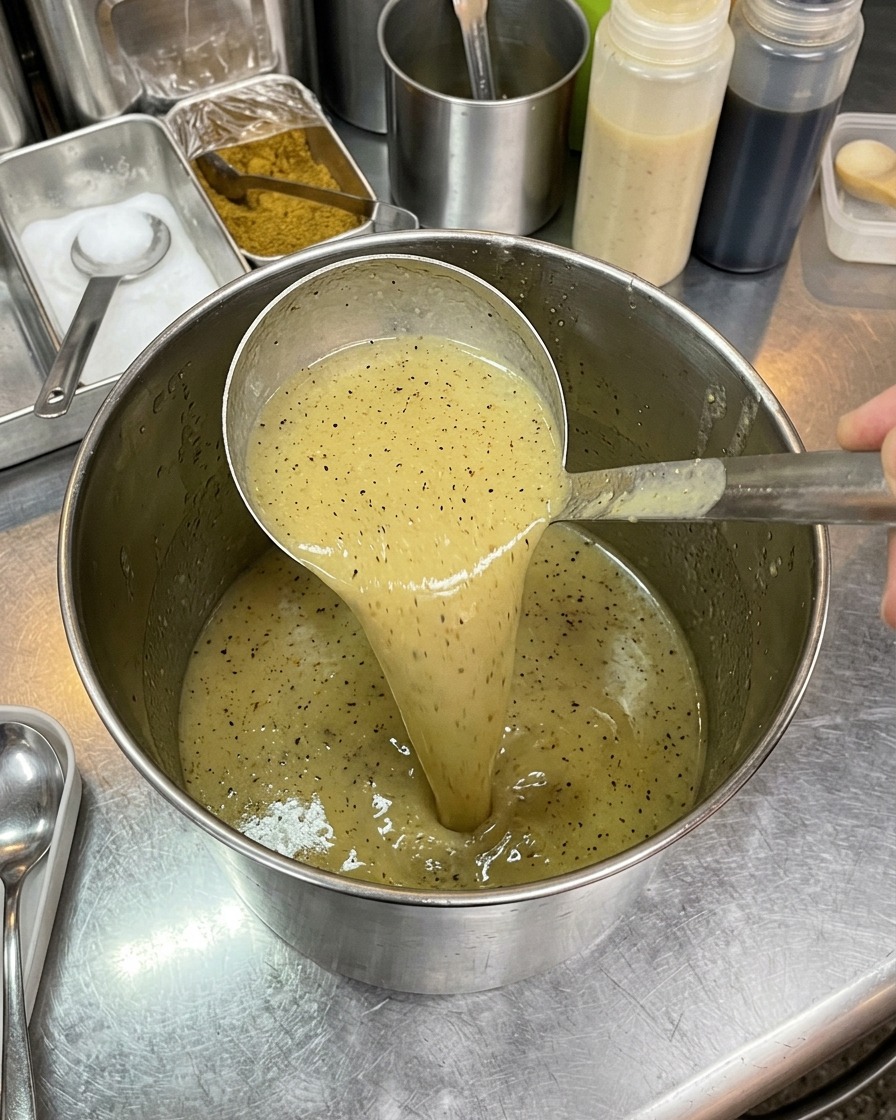Eine Schöpfkelle hebt dicke, hellbraune Suppe an, um die cremige Textur zu zeigen.