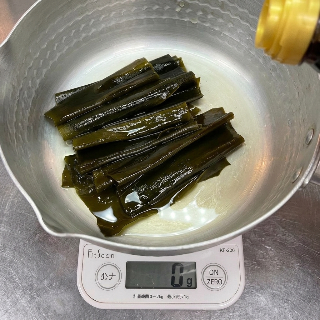Kombu-Algen werden in einem Topf gewogen, während Würzsauce eingegossen wird.