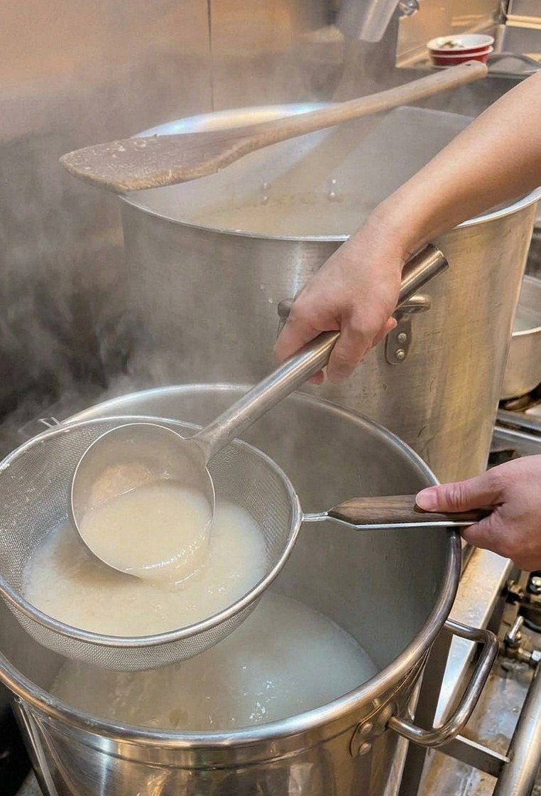 Eine Schöpfkelle gießt schäumende weiße Brühe von einem großen Industrietopf in einen kleineren Edelstahltopf.