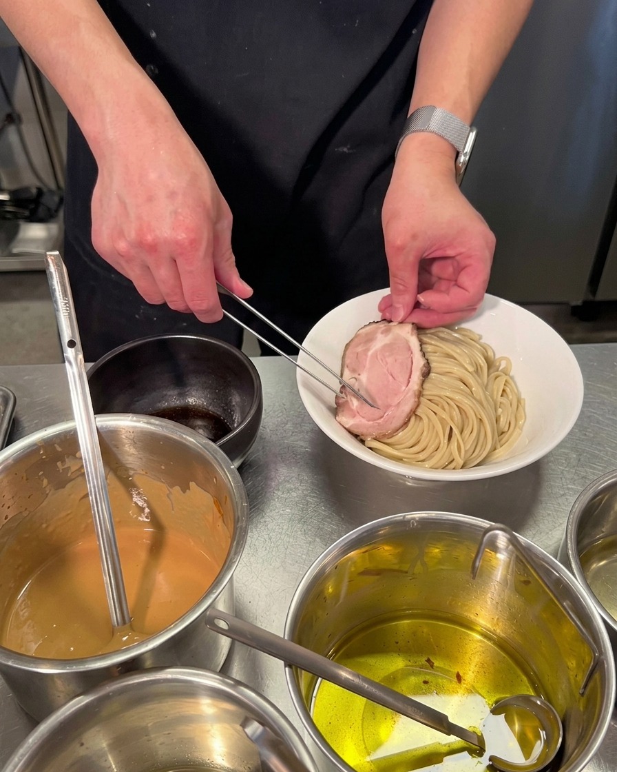Mit einer Pinzette wird eine Scheibe Chashu auf ein Bett aus dicken Nudeln gelegt.