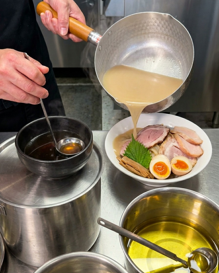 Heiße braune Dip-Sauce wird aus einem Topf in eine schwarze Keramikschale gegossen.