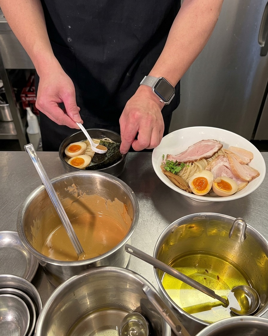 Ein kleiner Löffel gibt braunes Fischpulver auf ein Stück Nori-Alge in einer dunklen Ramensuppe.