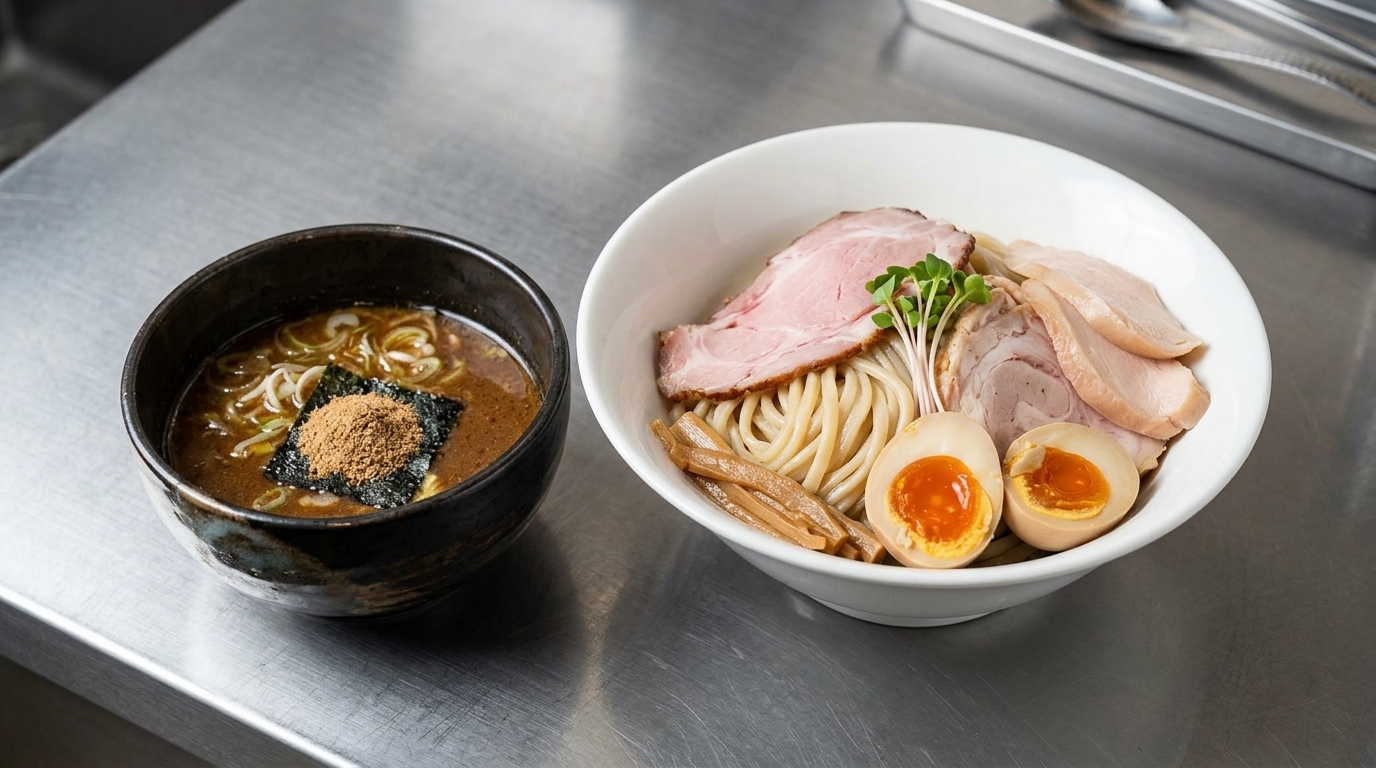 Herzhaftes Gyokai Tsukemen (Ramen mit Fisch- und Schweinebrühe zum Dippen)