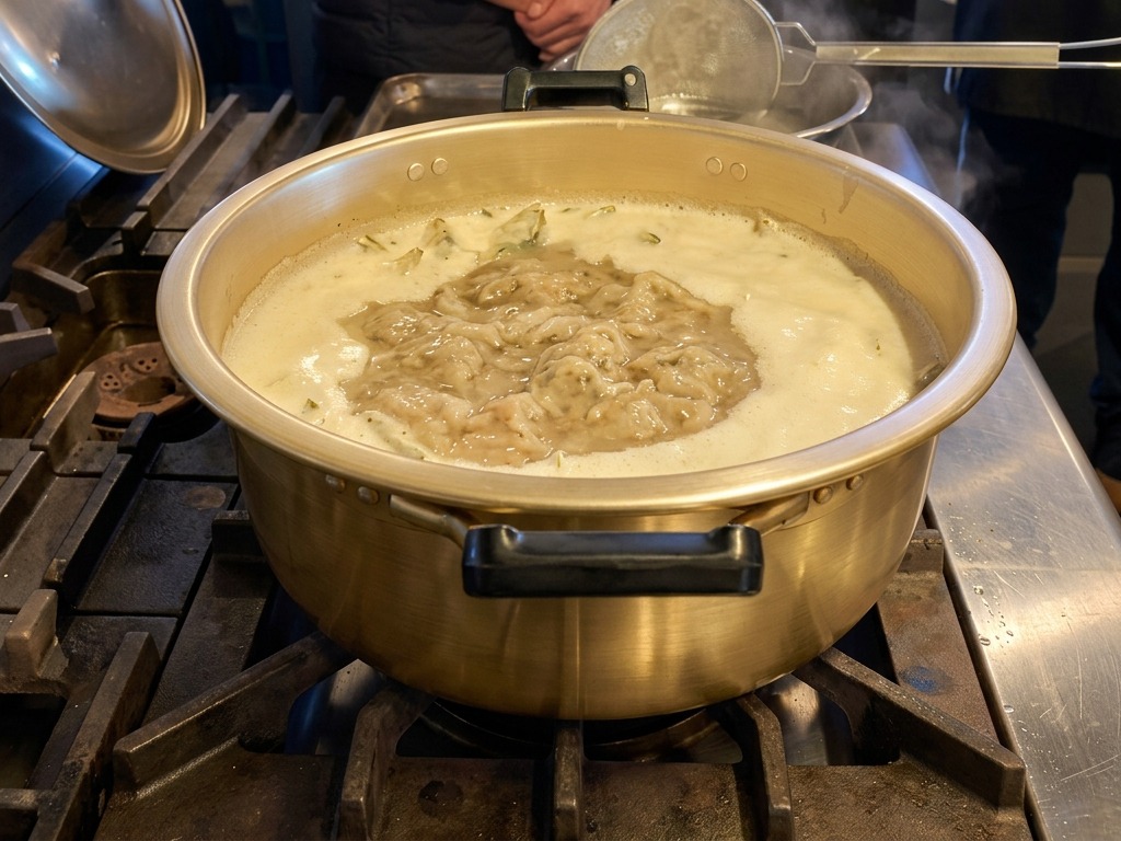 Getrocknete Fischstücke und Kräuter köcheln in einer dicken, goldweißen Brühe.