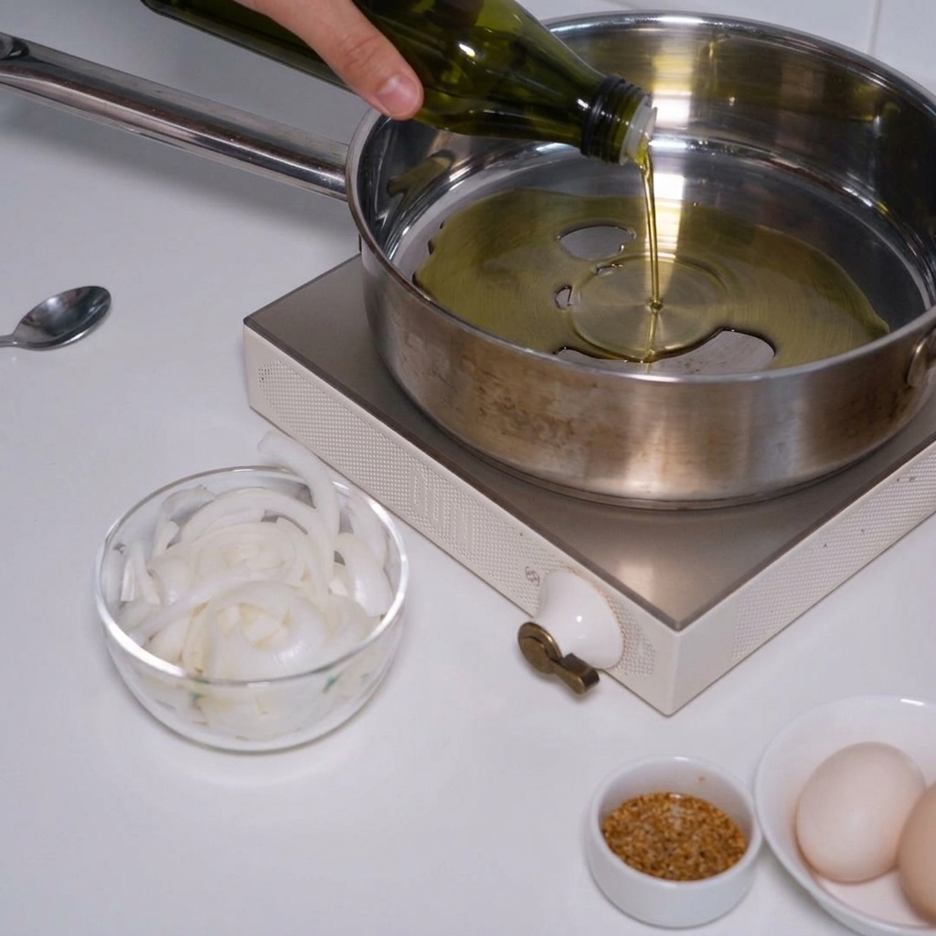 Zwiebelstreifen werden in einer heißen Pfanne mit Öl angebraten.