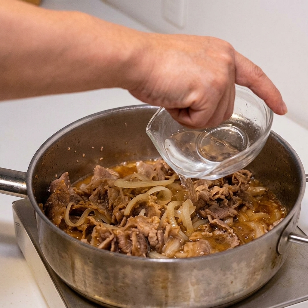 Klares Wasser wird in die Pfanne zu Fleisch, Zwiebeln und Sauce gegossen.