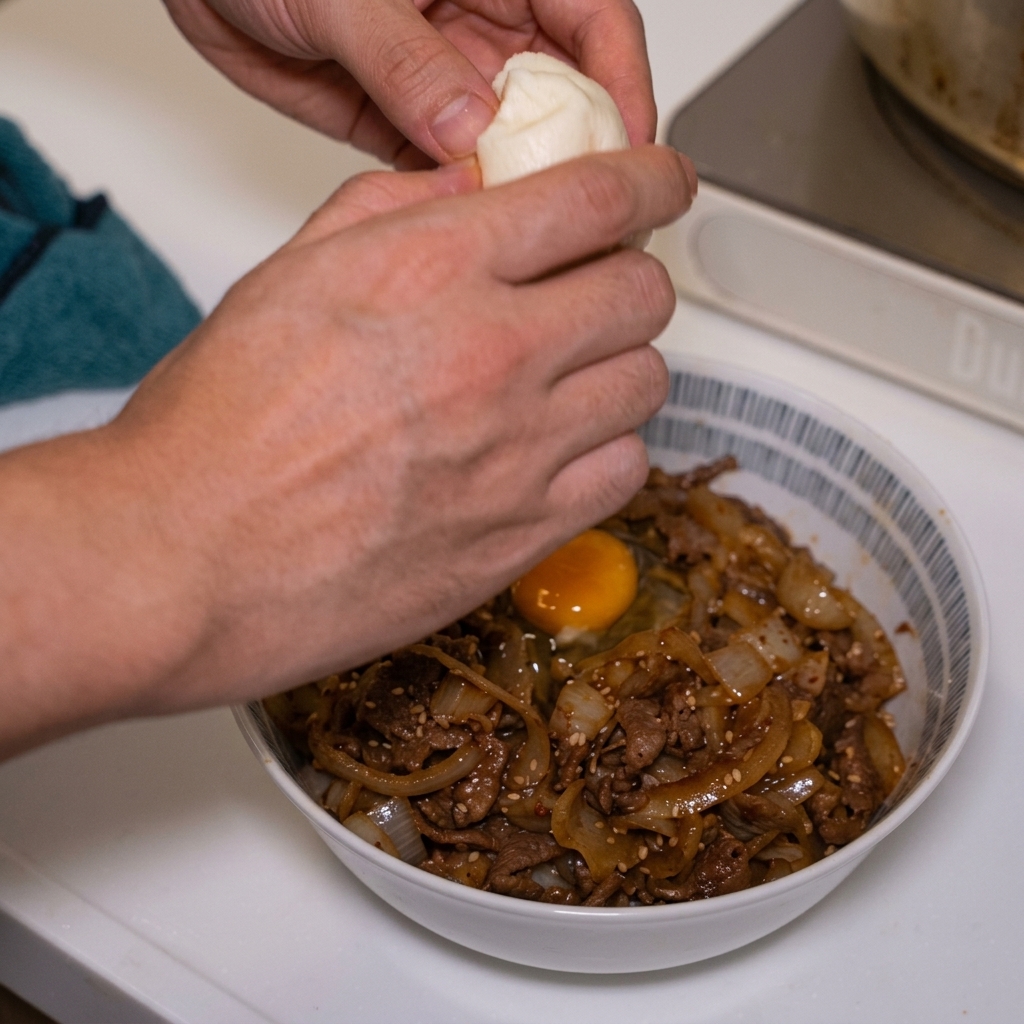 Ein orangefarbenes Eigelb wird vorsichtig in eine kleine Vertiefung in der Mitte der Beef Bowl platziert.