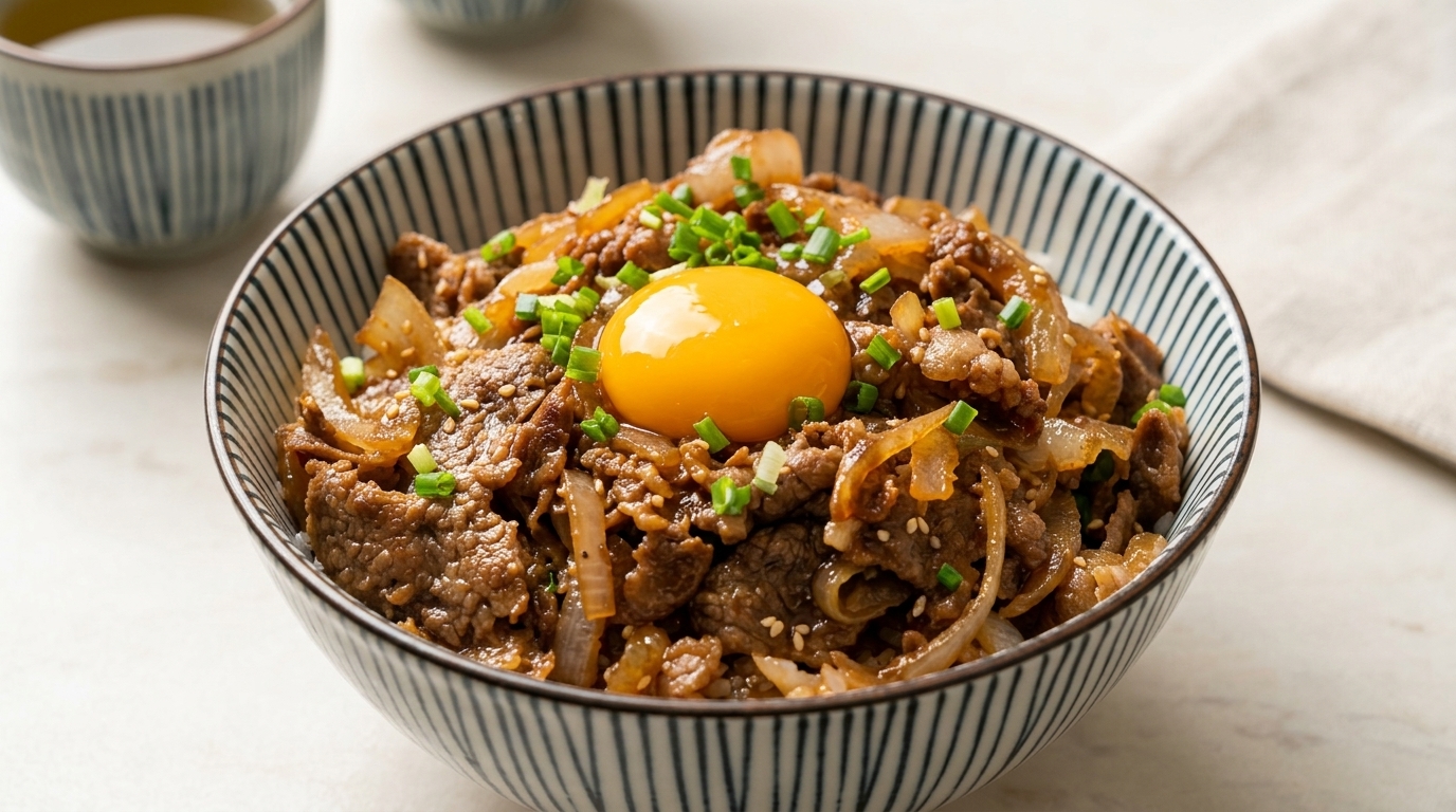 Eine dampfende Schüssel Gyudon mit zartem Rindfleisch, karamellisierten Zwiebeln und einem glänzenden Eigelb auf weißem Reis.