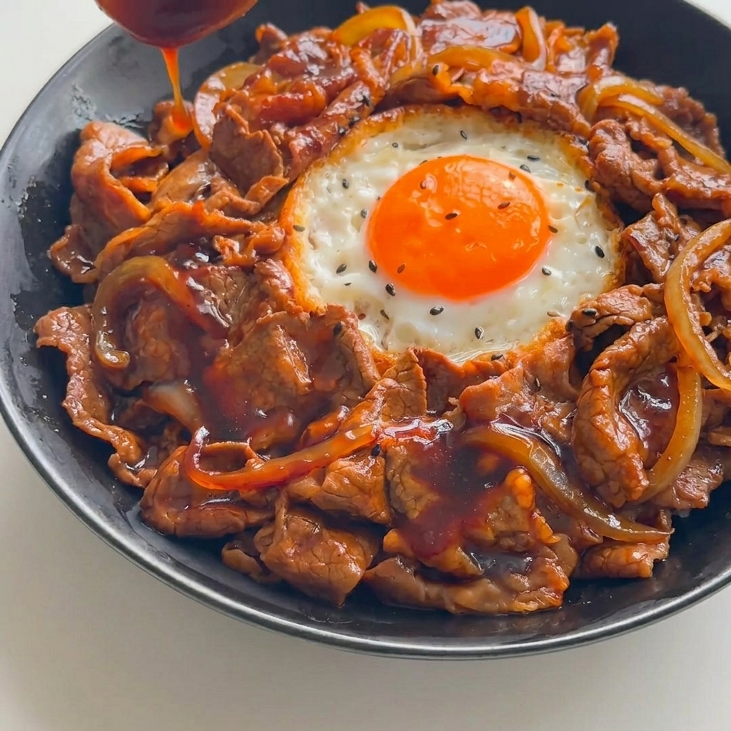 Dicke, glänzende braune Sauce wird über eine Schüssel mit Rindfleisch und Spiegelei geträufelt.