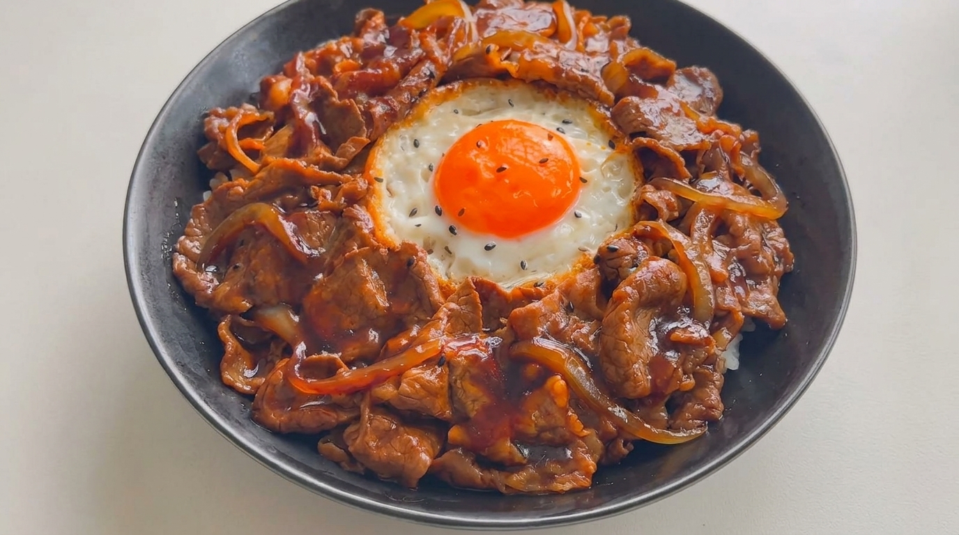 Hausgemachtes japanisches Gyudon (Rindfleisch-Bowl)