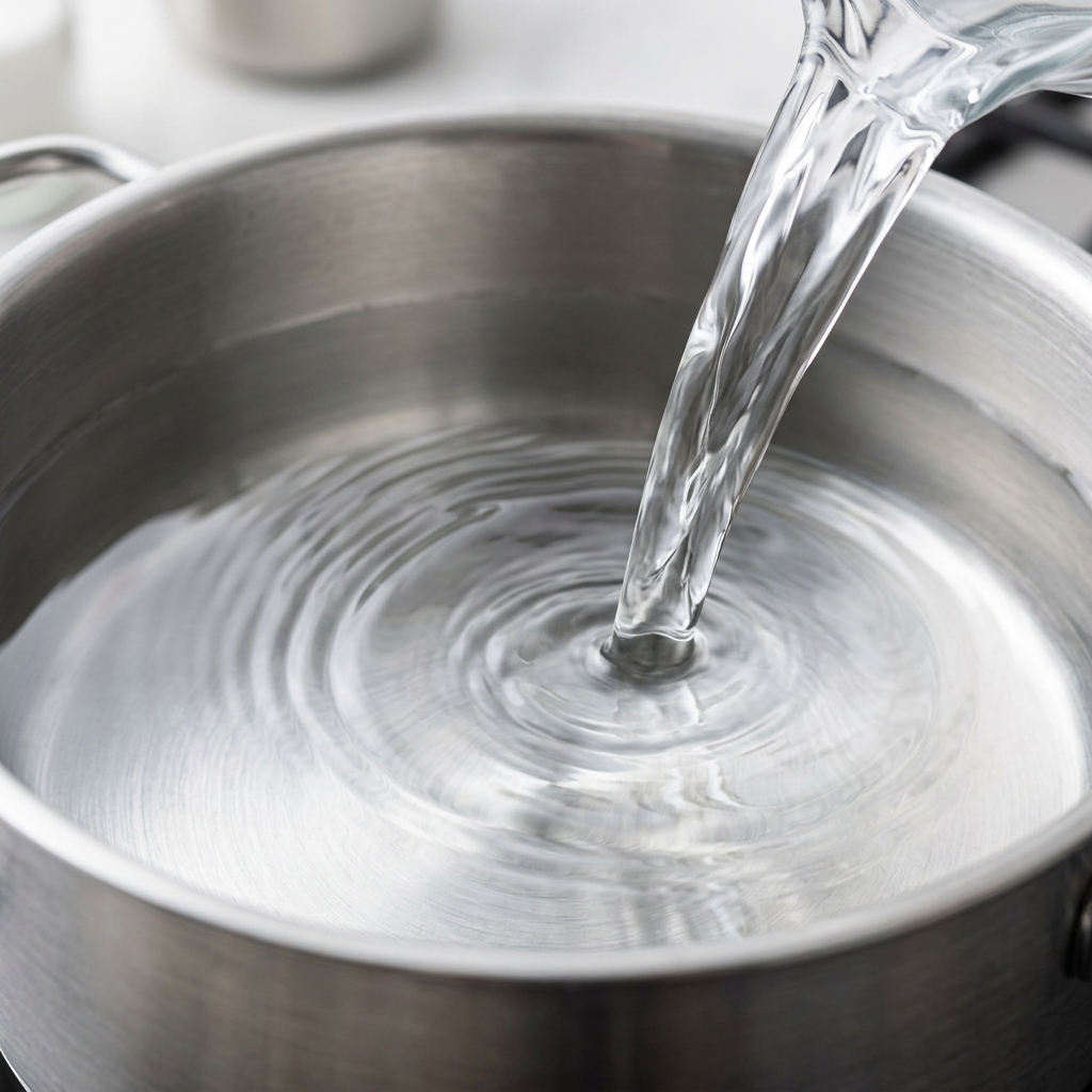 Klares Wasser wird aus einem Krug in einen sauberen Edelstahltopf auf dem Herd gegossen.