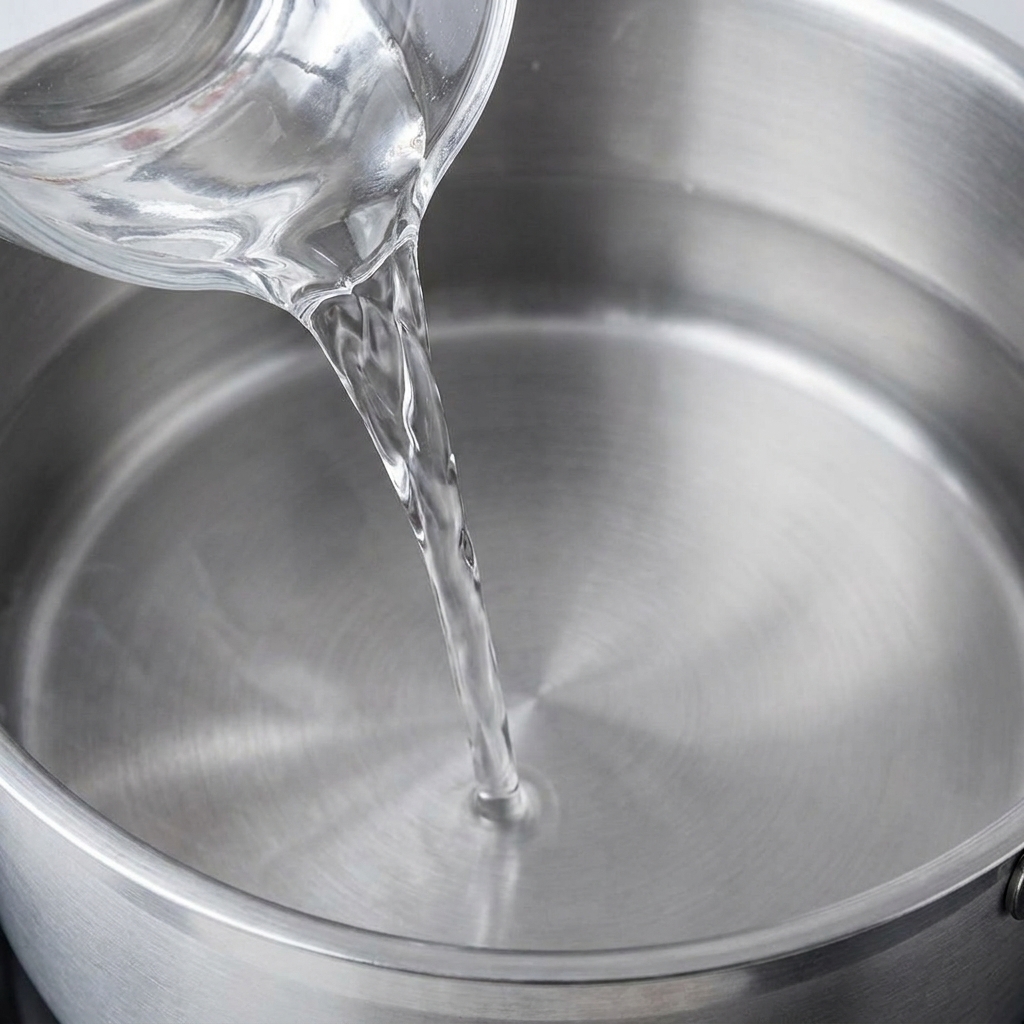 Klarer Sake wird aus einem Glasgefäß in einen Topf mit Wasser gegossen.