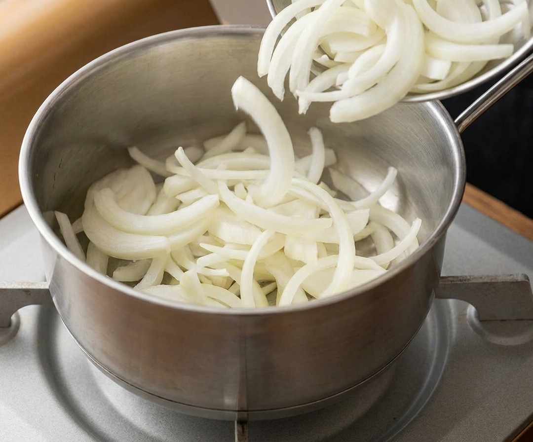 Dünn geschnittene weiße Zwiebeln werden aus einer Metallschüssel in einen Topf mit dunkler Sauce auf einem tragbaren Kocher gegeben.