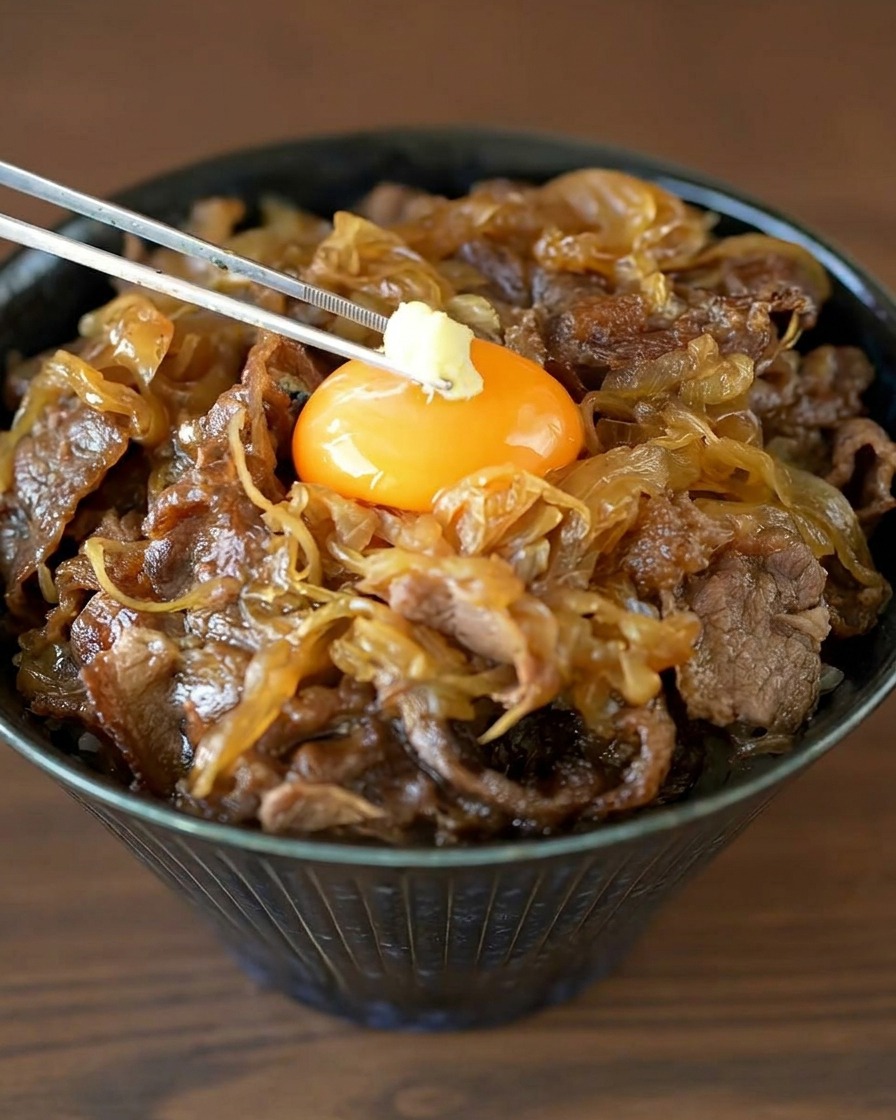 Mit Metallstäbchen wird ein kleiner Klecks blassgelber, geriebener Ingwer auf das rohe Eigelb einer japanischen Rindfleisch-Bowl gesetzt.