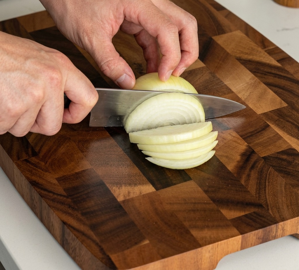 Eine Person schneidet mit einem Küchenmesser eine weiße Zwiebel auf einem dunklen Holzbrett in dicke Spalten.