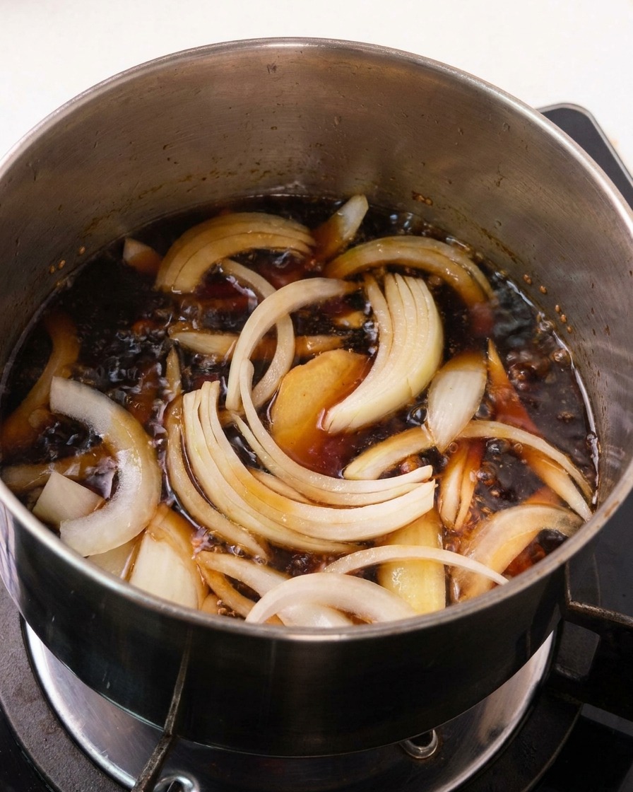 Dicke Zwiebelspalten und frischer Ingwer werden in eine dunkle, köchelnde Sauce in einem Kochtopf eingerührt.