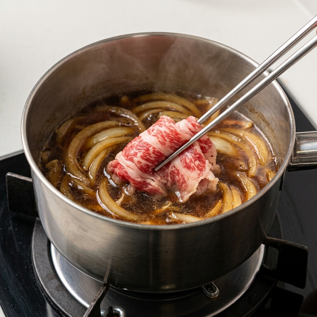 Mit Stäbchen wird dünn geschnittenes rohes Rindfleisch in einen Topf mit köchelnden Zwiebeln und dunkler Sauce gegeben.