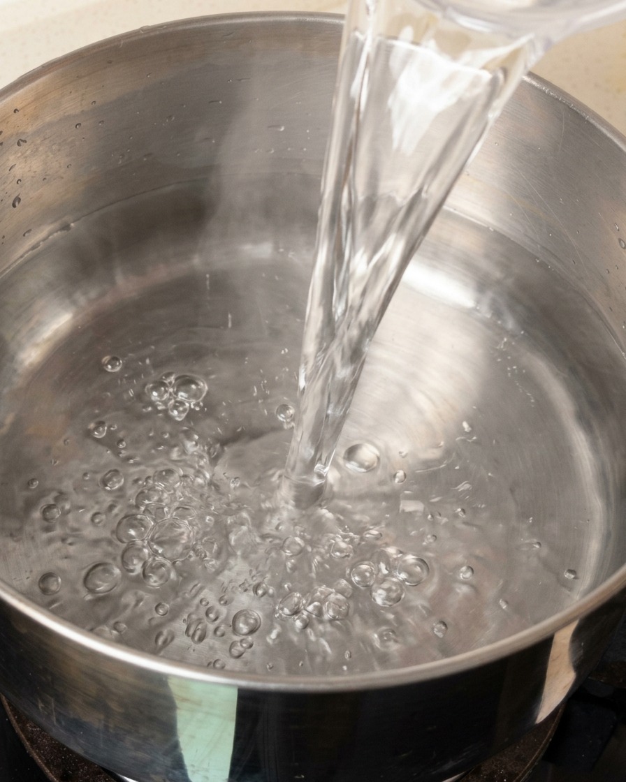 Frisches Wasser wird in einen Edelstahltopf auf dem Herd gegossen.