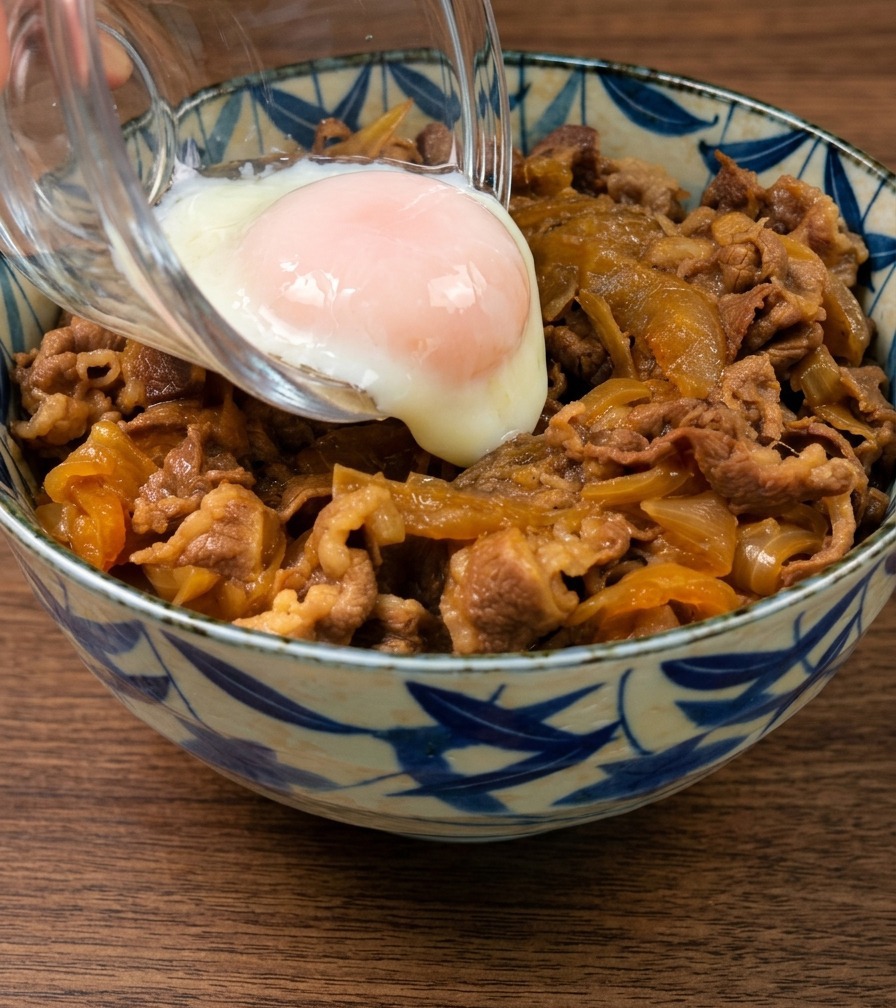 Ein weichgekochtes Onsen-Ei mit seidigem Eiweiß wird aus einer Glasschüssel auf eine Schüssel mit Rindfleisch und Reis geglitten.