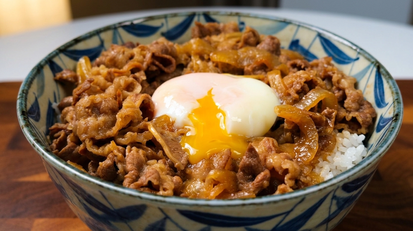 Klassisches Gyudon: Japanische Beef Bowl mit cremigem Onsen-Ei