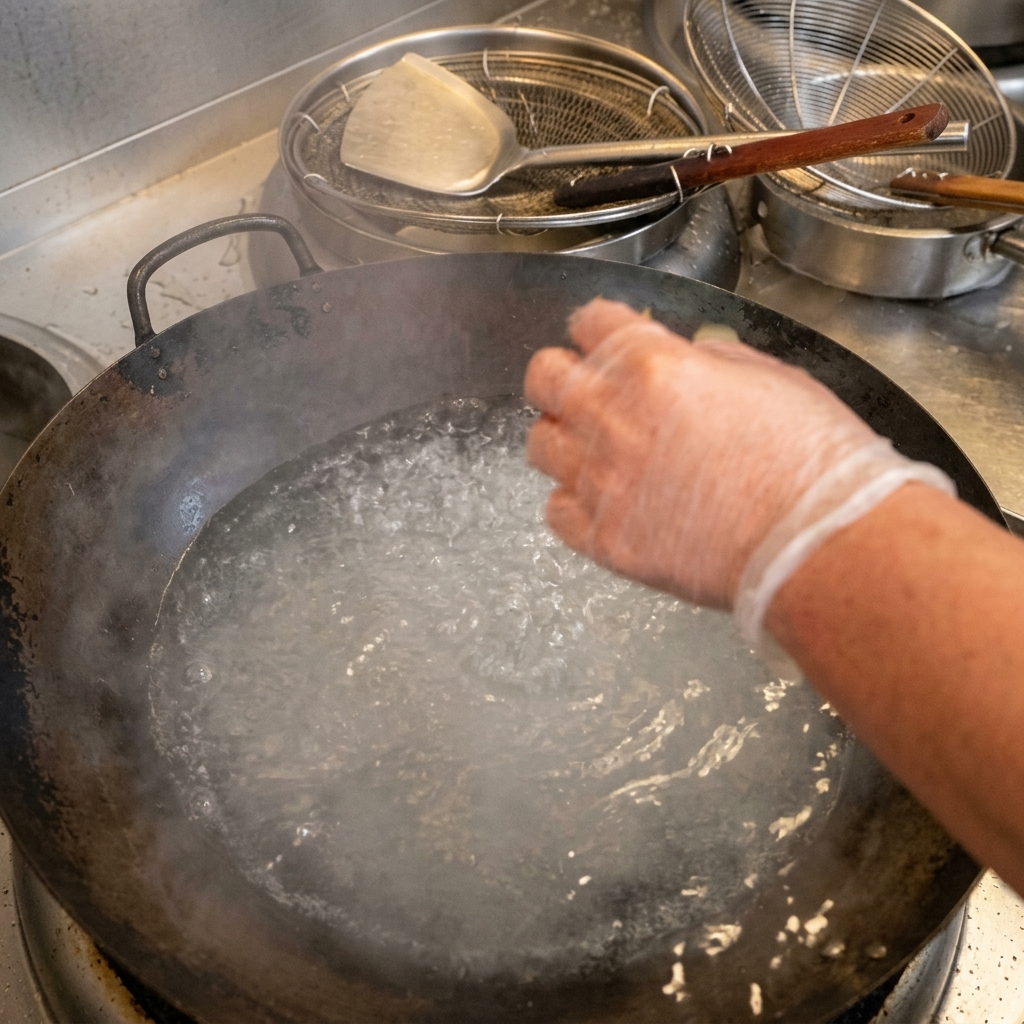 Eine Hand gibt ein Lorbeerblatt in einen Topf mit kochendem Wasser und geschmolzener Butter.