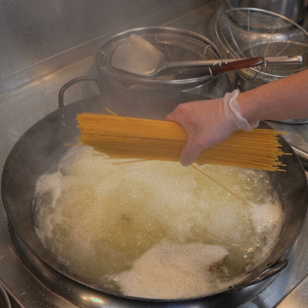 Spaghetti werden fächerförmig in einen Topf mit kochendem Wasser gegeben.