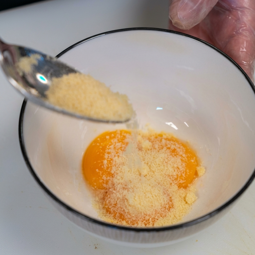 Geriebener Käse wird in eine Schüssel mit drei rohen Eigelben geschüttet.