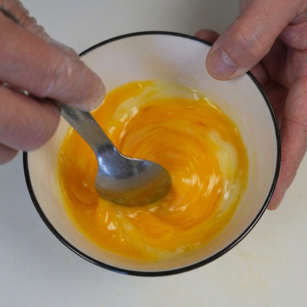 Eigelbe und Käse werden mit einem Löffel zu einer Paste verrührt.