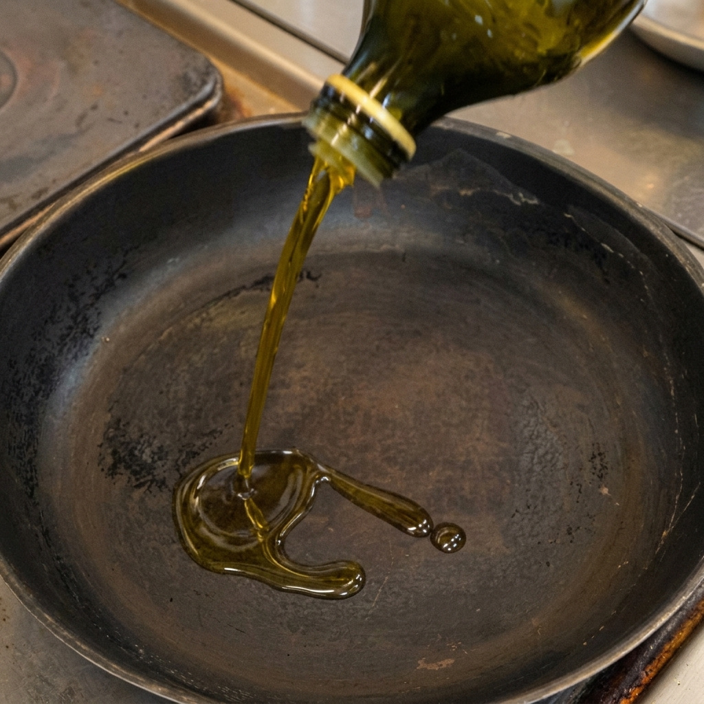 Ein Strahl Olivenöl wird in eine dunkle Bratpfanne gegossen.